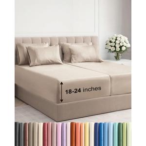Extra Deep Split King Sheet Set - 7 Piece Breathable and Cooling Sheets - Hotel Luxury Bedding for Women, Men, Kids & Teens - Easy Secure Fit - Soft, Wrinkle Free & Comfy - Extra Deep Pockets - Wheat