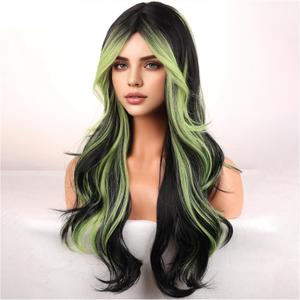 Black And Green Wigs for Women Girls Long Curly Wavy Wig With Bangs Black Green Ombre Wig Heat Resistant Synthetic Hair Wigs for Daily Use Cosplay