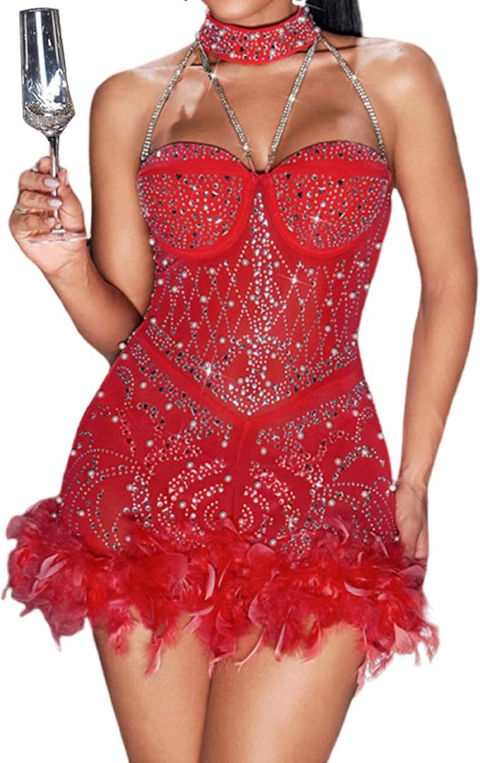 Sexy Feather Rhinestone Backless Mesh Sheer Burlesque Outfit Nightout Clubwear Birthday Party Dress (Small, 027white) Sexy Feather Rhinestone Backless Mesh Sheer Burlesque Outfit Nightout Clubwear Birthday Party Dress (Small, 027white)