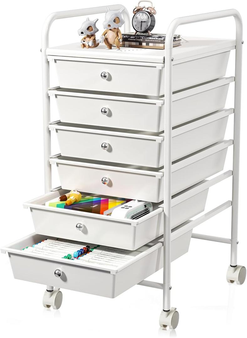6-Drawer Rolling Storage Cart, Plastic Drawer Storage Organizer Rolling Cart, Multipurpos Utility Cart for Classroom Art Craft Supplies Dresser Closet Bathroom Bedroom Kitchen Office School