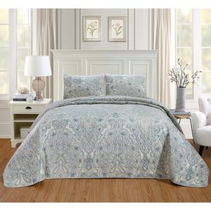 GrandLinen - 3-Piece Oversize (California) Cal King (118 X 95) Quilt Set Velvet Bedspread Coverlet Fine Printed Warm Winter Bed Cover (Pale Blue, Light Grey, Paisley)