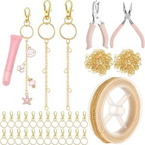 VioraWhite 227 Pcs Lip Gloss Keychain Making Kit Bulk 24 Keychain Clips with Lobster Claw Clasps 200 Jump Ring Chain Plier Hole Puncher for Valentine's Day DIY Lip Gloss Crafts Supplies(Gold)