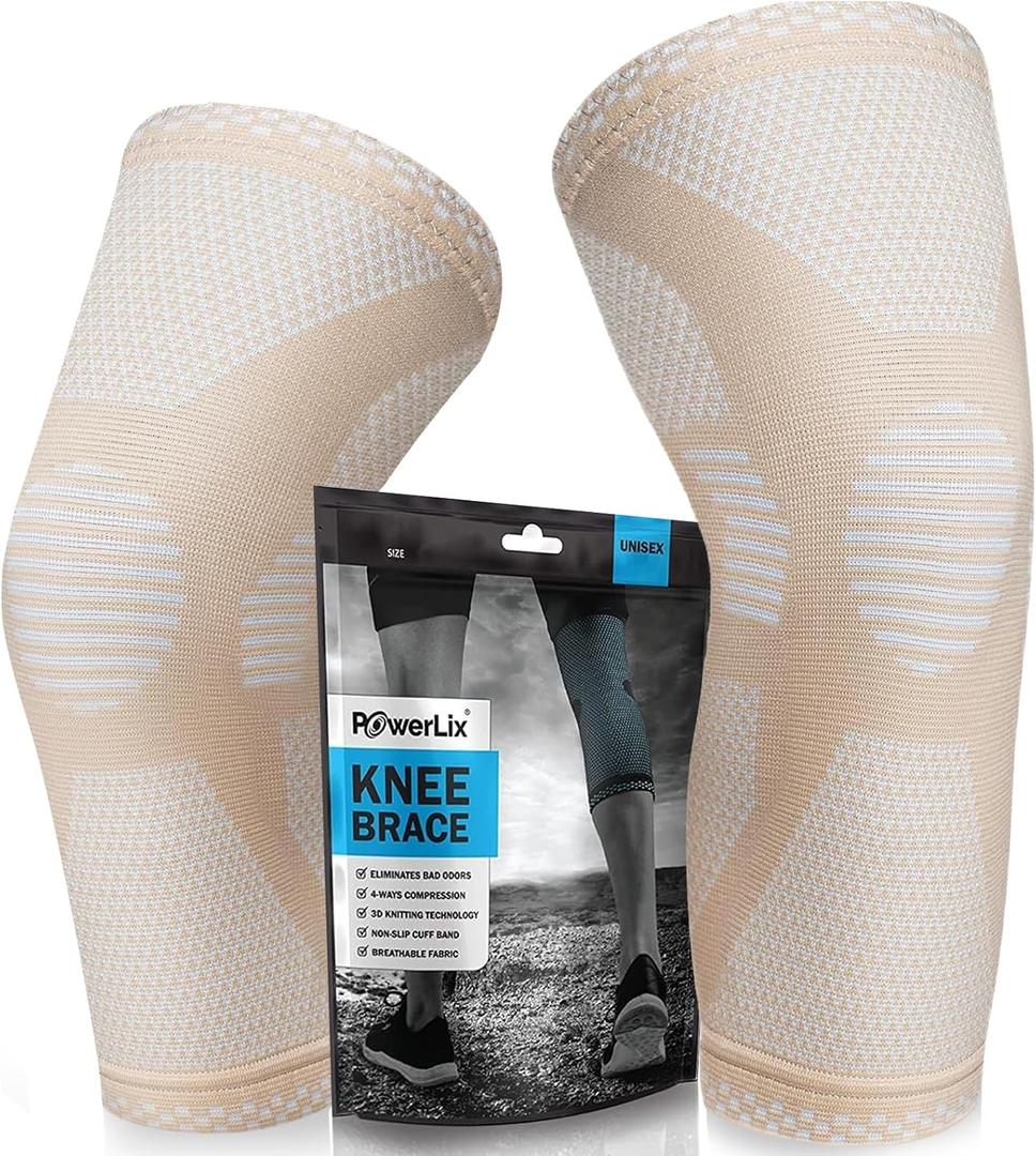POWERLIX Knee Compression Sleeve (Pair) - Best Knee Brace for Knee Pain for Men & Women  Knee Support for Running, Basketball, Volleyball, Weightlifting, Gym, Workout, Sports (Large, Beige-2 Pack)