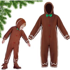Geyoga Gingerbread Man Costume for Kids Home Clothing Christmas Gingerbread Outfit Bodysuit Hooded Unisex (10-12 Years, Brown)
