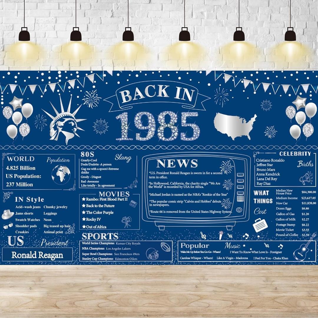 40th Birthday Party Decorations  Blue Silver Back in 1985 Banner, 1985 Vintage Photography Backdrop for Men & Women, 40th Class Reunion Decor