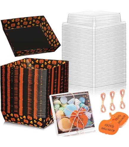 50 Pcs Halloween Pumpkin Charcuterie Boxes with Clear Lid Rope Card 5.3 Inch Square Disposable Paper Food Containers Bakery Dessert Treat Boxes for Cake Cookie Sandwich Halloween Party Favor