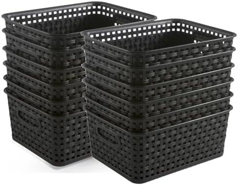 ZHENFAN Black Plastic Weave Storage Baskets, 12-Pack Woven Basket Organizer for Kitchen Office Bathroom