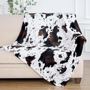 Cozy Cow Print Blanket, Super Soft Throw Blankets for Couch Bed and Travel, Plush Fuzzy Blanket for Women Girl Gifts, Non-Shedding Fleece, Western Decor, 50"x60" Black