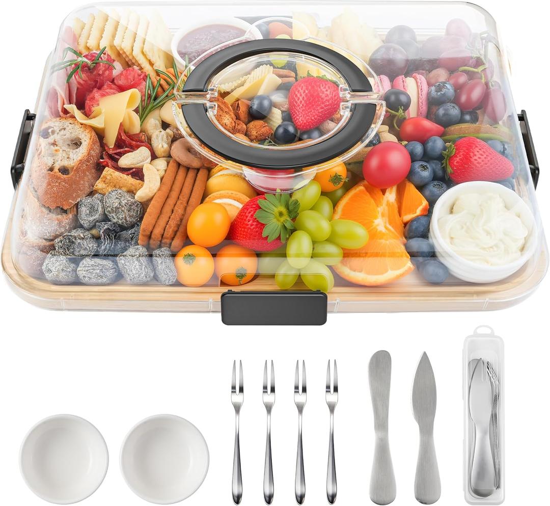 Charcuterie Board with Lid and Handle, Portable Travel Design Bamboo Cheese Board with Knife Set, Meat Fruit Serving Tray Platter, House Warming Gifts New Home, Gifts for Women, 6 Compartments