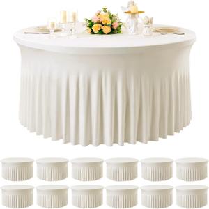 12 Pack Ivory Spandex Round Tablecloths for 60 inch Table, Wrinkle Free Stretchy 120inch Fitted 5FT Round Table Cloths Cover with Skirt for Wedding Party Dining Banquet