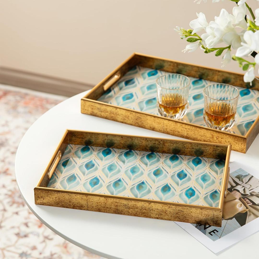 Glitzhome Serving Tray with Handles, Set of 2 Rectangular Plastic Decorative Tray for Coffee Table Ottoman Kitchen Decor, Farmhouse Wood Serving Tea Tray, 17.5" x12.5" and 15.75" x 9.75"