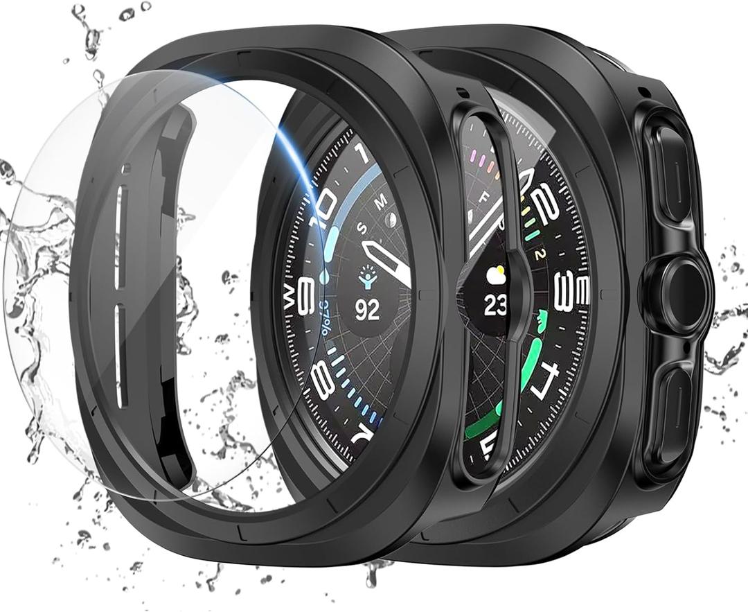 3 x 2+2 Pack for Samsung Galaxy Watch Ultra 2025/Galaxy Watch 7 Ultra Screen Protector Case 47mm, Hard PC Bumper Cover with Anti-Fog Tempered Glass Screen Protector (Black)