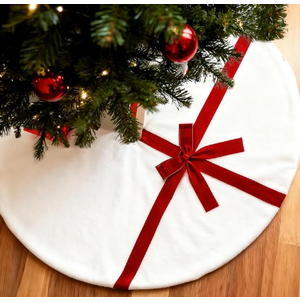Christmas Tree Skirt 48 Inch, White Tree Skirt with Red Bow,Christmas Decorations,Xmas Tree Skirt for Home Party Holiday Indoor Outdoor Decorations (48inch +18inch Christmas Stocking)