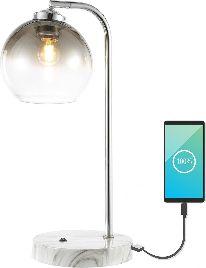 JONATHAN Y 20" Chrome Industrial LED Task Lamp with USB Charging Port, Adjustable Smoke Gray Glass Globe Table Lamp with White Marble Base, LED Bulb Included JYL1131A