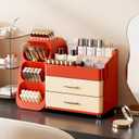 Makeup Organizer with Drawers,Large Capacity Countertop Organizer for Vanity,Bathroom and Bedroom Desk Cosmetics Organizer,Easy To Storage Skincare,Brushes,Lotions (Red and Cream)