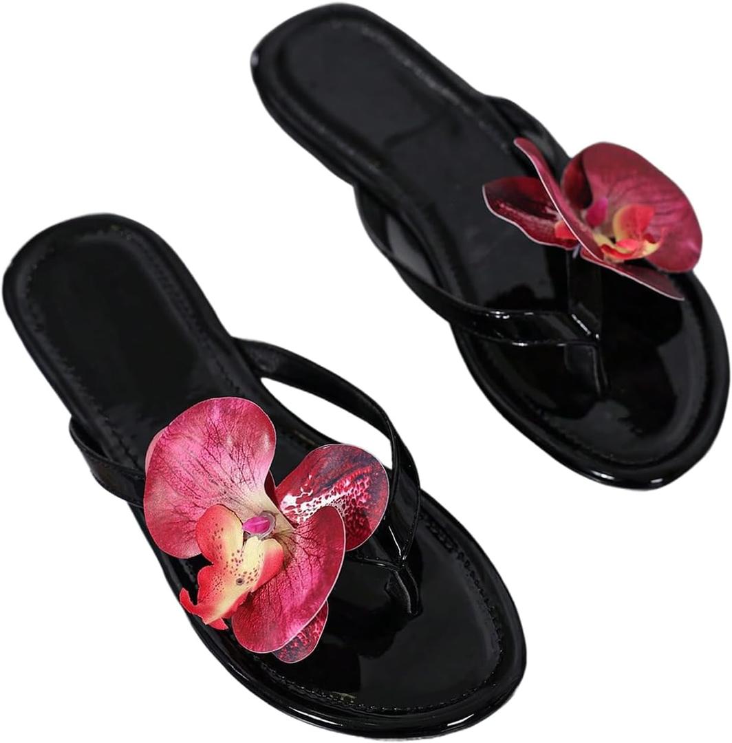 Verdusa Women's Flower Thong Sandals Flip Flops Summer Beach Slides (6.5, Black)
