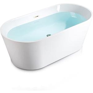 WOODBRIDGE 54" Acrylic Freestanding Bathtub Contemporary Soaking White Tub with Brushed Nickel Overflow and Drain,B1702-BN