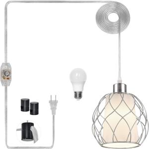 Ruzectt Plug in Pendant Light,Hanging Light with Plug in Cord,Silver Hanging Lamp with Dimmable Switch,15 ft Clear Cord,Hanging Light Fixture for Kitchen Island Living Room Bedroom (Bulb Included)