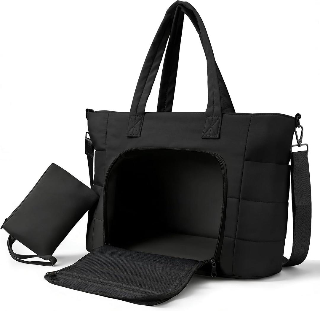 Dadanism Insulated Lunch Bag for Women, 15.6 Inch Quilted Lightweight Puffy Laptop Tote with Leakproof Cooler Compartment for Nurse Teacher Work Office and Outdoor, with Purse, Black