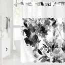 No Hook Black Watercolor Floral Shower Curtain, Plant Leaves with Flower Hookless Shower Curtains for Summer Bathroom Decor, White Modern Botanical Waterproof Shower Curtain Set 72x74 Inch
