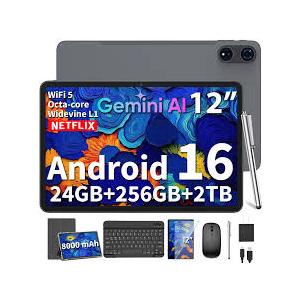 2026 12 Inch Tablet, Android 16 Tablet with Keyboard, 24GB+256GB+2TB Expand, 2K Gemini AI Tablets PC with 8-Core, 8000mAh, 5G WiFi, 16+8MP, GPS, 2 in 1 Large Tablets with Case