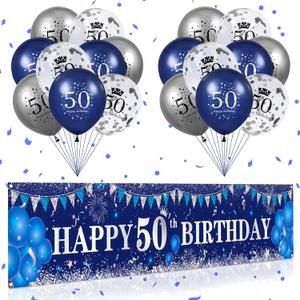 Blue 50th Birthday Decorations - Banner, Balloons & Supplies for Men & Women's 50th Birthday Party
