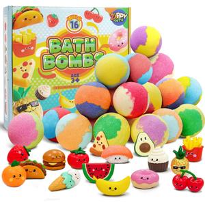 Zippytots Kids Bath Bombs with Food Toys Inside, 16 Pack Colorful Surprise Bath Fizzies Set, Organic Fizzy Bubble Bath Bombs for Girls & Boys, Ages 3+