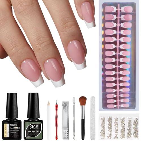 MEET ACROSS French False Nails Kit, Press on Nails with Glue 150Pcs Short Coffin Fake Nails French White Tip Pink Color Glossy Full Cover Glue on Nails for Women