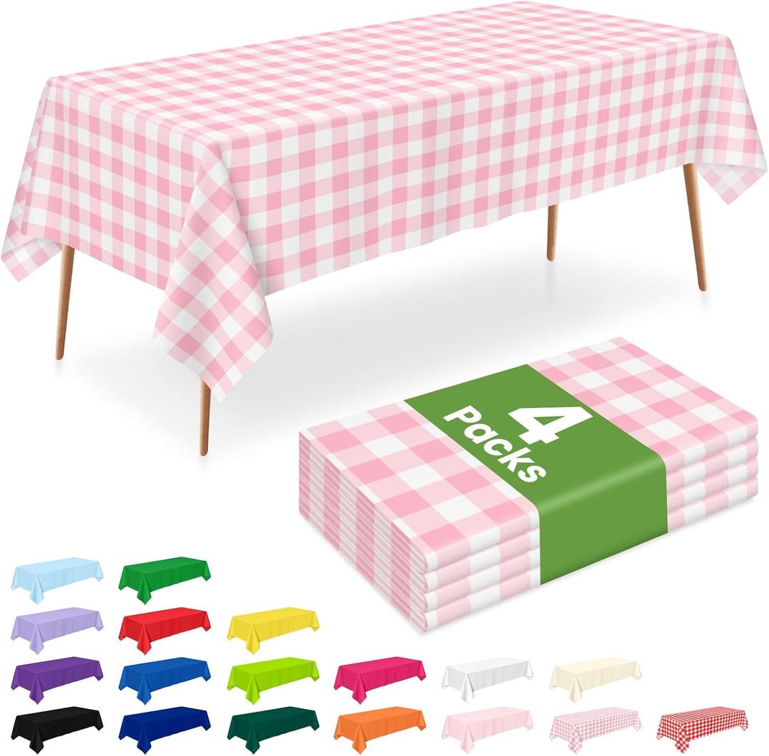 4 Pack Pink Gingham Tablecloth Plastic, 54 x 108 Inch Rectangle Table Cloth Disposable, Valentines Day, Easter Party, Mothers Day Decorations Tablecloths, Birthday Picnic Plastic Cover