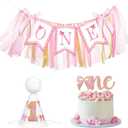 3PCS Pink Bow 1st Birthday Highchair Decorations for Baby Girl Pink Bow 1st Birthday Highchair Banner One Cake Topper Hat for Princess Fairy Girls Just Wanna Be One Party Supplies
