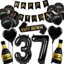 37th Birthday Decorations Set Women and Men, Black Gold 37 Birthday Decoration Balloon, 37th Birthday Party Supplies Including Birthday Banner, Shoulder Strap and Wine Bottle Balloon