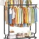 Clothes Rack Load 450LBS, Heavy Duty Clothing Rack with Wheels, Rolling Garment Racks for Hanging Clothes, Metal Hanging Racks for Clothes, Portable Closet with Shelves, Black