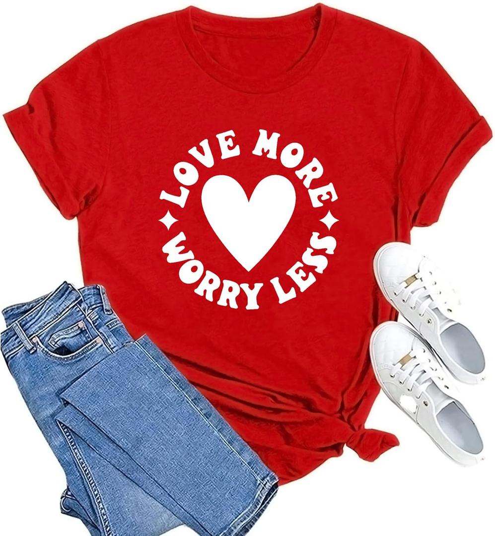 MAIHUN Valentines Day Shirt Love More Worry Less Shirts Women Happy Smile Face Tshirt Short Sleeve Casual Tee Tops (Red, L)