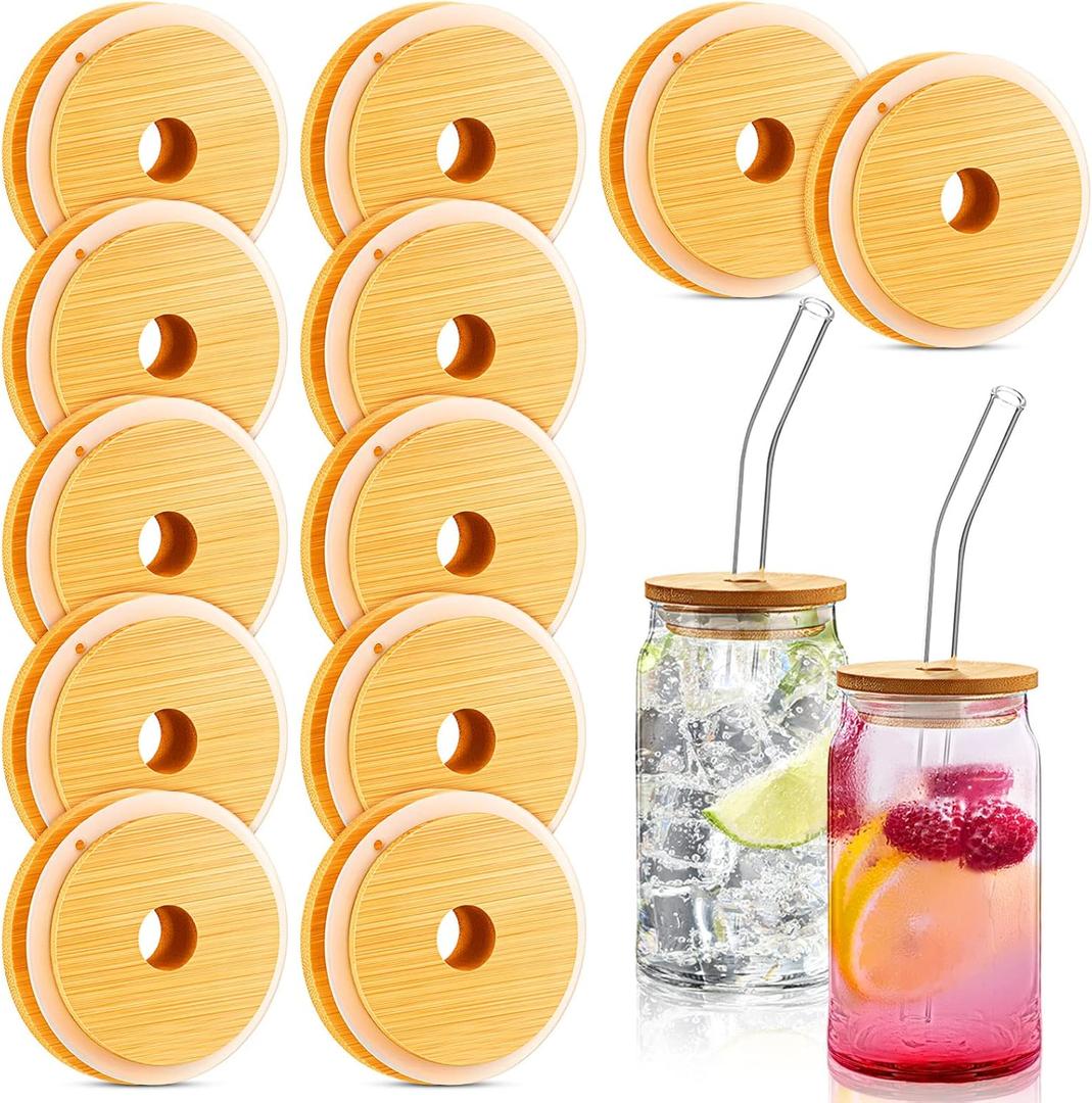 12 Pieces 16oz Bamboo Lids for Glass Cups, Wooden Lids for Beer Can Jars, Mason Jar Covers with Straw Hole 70 Mm/2.75 Inch Replacement Covers, Glasses and Straw Not Included 12 Pieces 16oz Bamboo Lids for Glass Cups, Wooden Lids for Beer Can Jars, Mason Jar Covers with Straw Hole 70 Mm/2.75 Inch Replacement Covers, Glasses and Straw Not Included