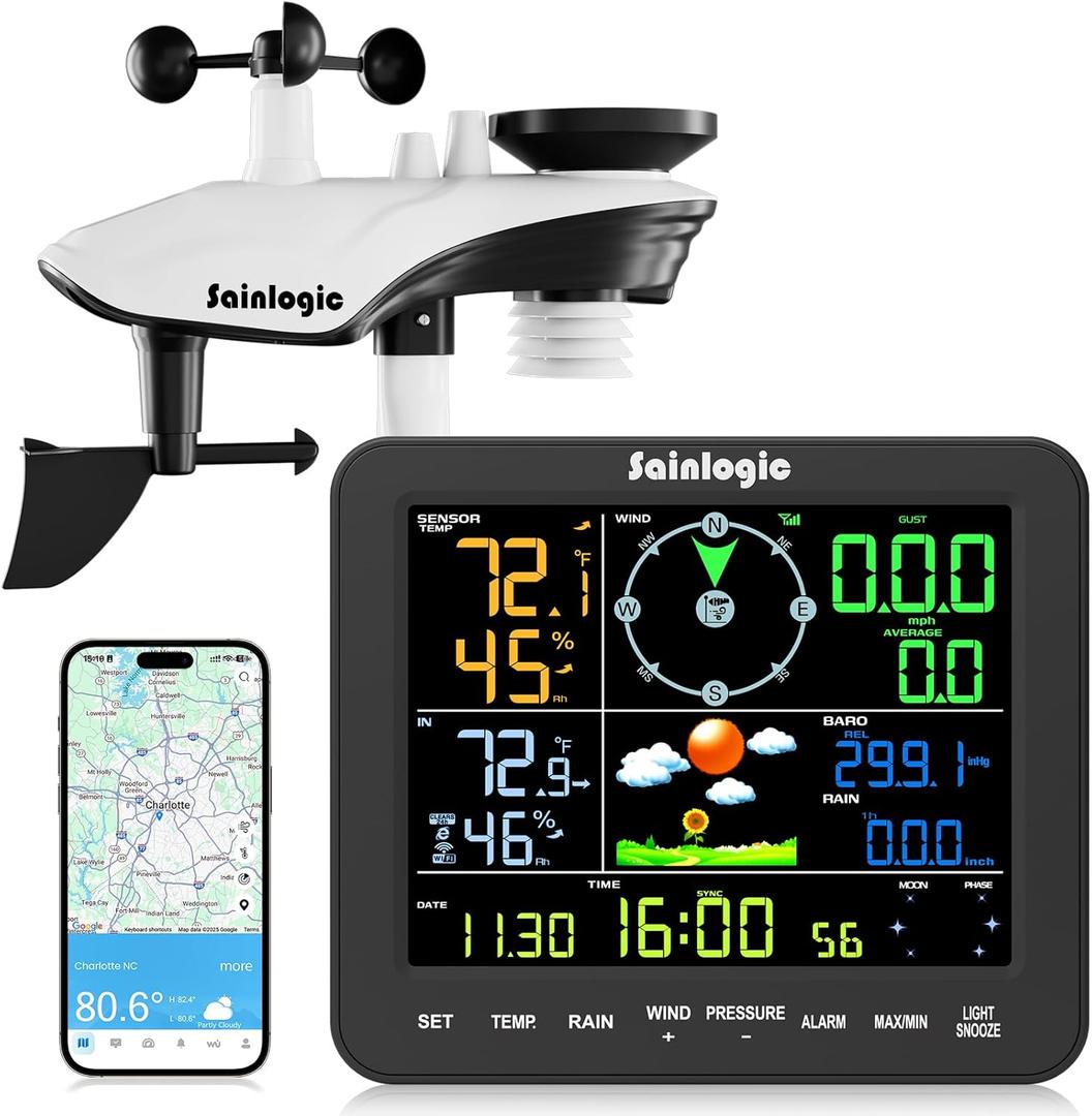 Sainlogic Smart WiFi Weather Stations Wireless Indoor Outdoor SA8 Plus,24/7 AI Weather Forecast by Weatherseed, Home Weather Station with APP/Email Alert, Rain Gauge, 2-Year Data StorageOnly 2.4G