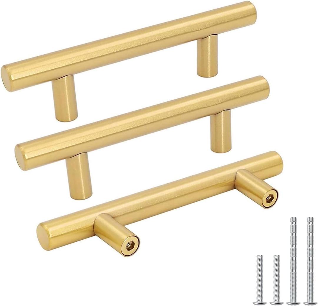 goldenwarm 10 Pack Gold Cabinet Handles Brushed Brass Drawer Pulls Gold Cabinet Pulls 3 inch - Kitchen Door Handles and Knobs Bathroom Bedroom Furniture Knobs Stainless Steel (3in Hole Centers)