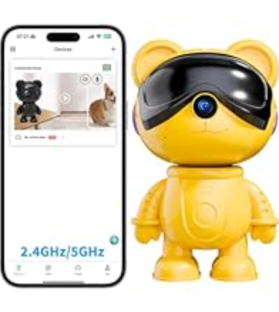 Cute Bear 2K Wireless-Smart Robot Home Security Camera - Nanny & Pet Motion Monitor, Baby Cry Detection Alarm, Privacy Mode, 5G Dual-Band, PanTilt, Full HD Night Vision, 24/7 Recording, 2-Way Audio (White)