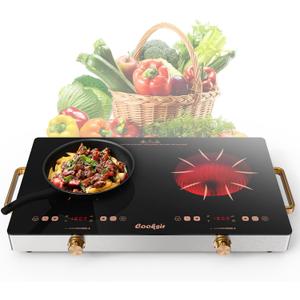 2 Burner Electric Cooktop - 24 Inch Portable Electric Stovetop 110V, 2000W Countertop Tow Burner Ceramic Cooktop with LCD Control Panel, Child Lock, Timer, Knob Control with Plug (Golden)