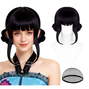 Black Purple Anime Cosplay Wig + Earrings Dark Purple Costume Wigs with Bangs & Twin Braid Buns for Women Halloween Party Daily