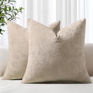 decorUhome Chenille Beige Throw Pillow Covers 18x18 Inch Set of 2, Decorative Soft Couch Pillow Covers Solid Dyed Accent Farmhouse Neutral Square Pillow Cases for Sofa Bed Living Room