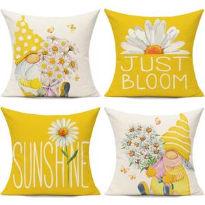 All Smiles Yellow Throw Pillow Covers 20x20 Set of 4 Outdoor Spring Summer Decorative Cushion Cases Home Dcor Decorations for Patio Couch Chair Sofa,Daisy Floral Gnomes