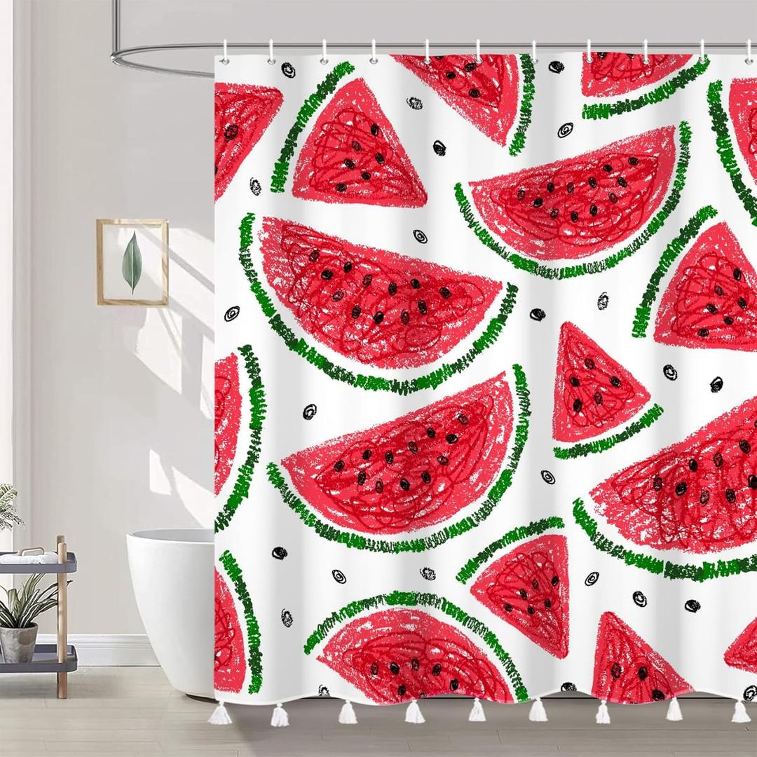 AOFOTO Watermelon Pattern Printed Shower Curtain with White Tassel Cartoon Red Watermelon Summer Theme Shower Curtains for Bathroom Waterproof Fabric Bath Curtain Kid's Bedroom Decoration 70x84 Inches