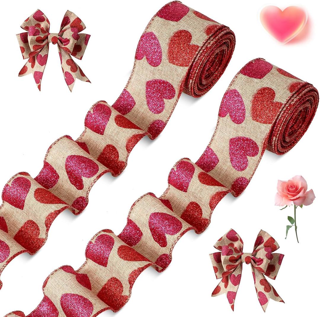 2 Roll 20 Yards Glitter Hearts Wired Edge Burlap Valentine Ribbon Valentine's Day Wired Ribbon for DIY Gift Wrapping Wreath Crafts Decoration(2 in,Natural, Red, Pink)