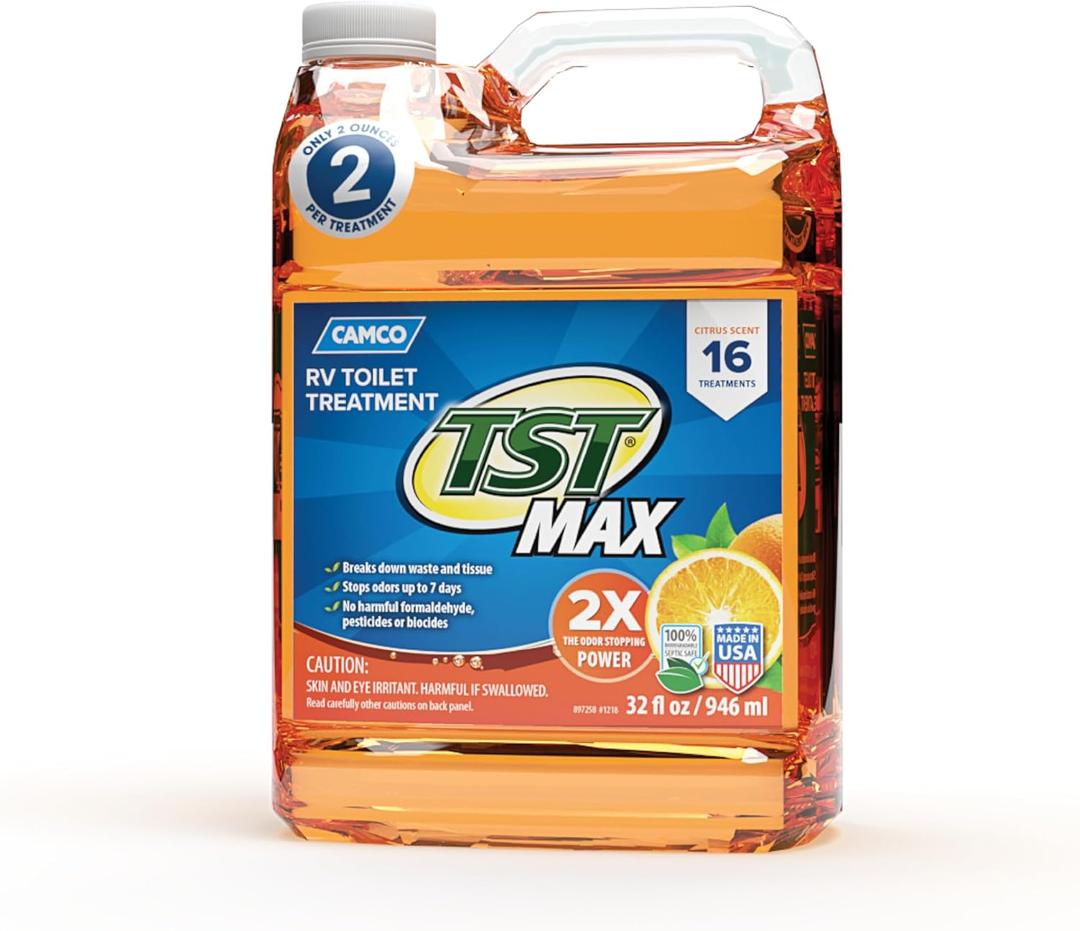 Camco TST MAX RV Toilet Treatment 32 oz. - Control Unwanted RV Sewer Odors & Break Down Waste and RV Toilet Paper - Biodegradable Septic Safe Formula - Orange Scent (41192)