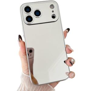 Compatible with iPhone 17 Pro Max Mirror Case for Women Girls Makeup Cute Luxury Glossy Mirror Back Silver Plating Design with Camera Full Protective Shockproof Cover