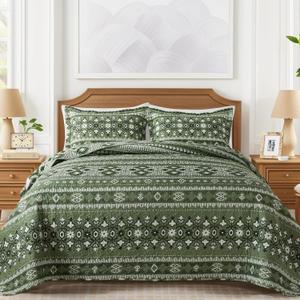 VAPUTAR Boho Quilts King Size, Stripe Reversible King Quilt Set, Lightweight All-Season Coverlet & Boho Bedspread- 3 Piece/Green (King (98"  106"))