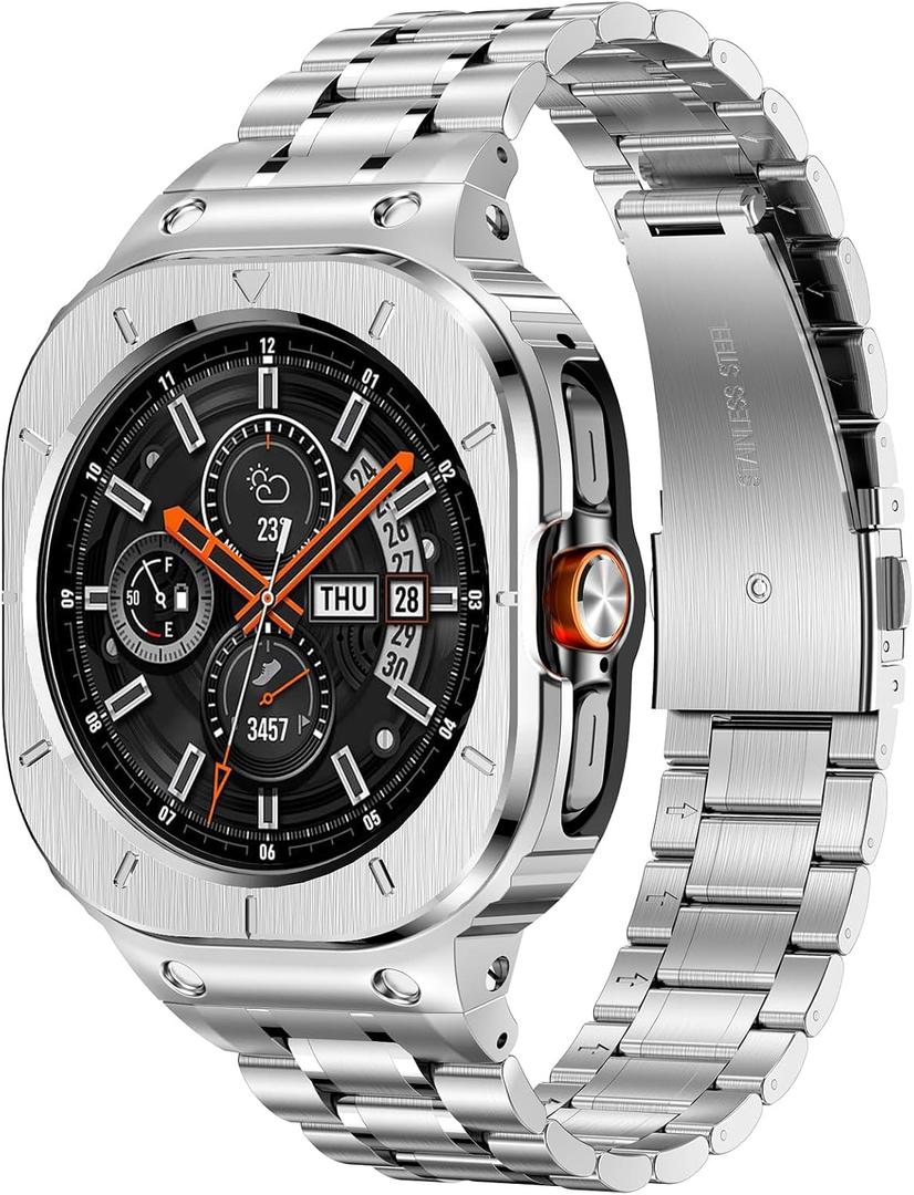 Stainless Steel Bands with Case Compatible with Samsung Galaxy Watch Ultra 2/1 47mm (2025 2024), Rugged Protector Cover Metal Band for Galaxy Watch 7 8 Ultra for Men (Silver)