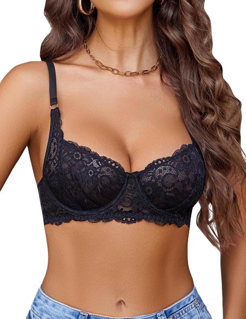 Avidlove Women's Lace Underwire Bra Sexy Mesh Balconette Unlined Everyday Bra Lingerie (Large, Black)