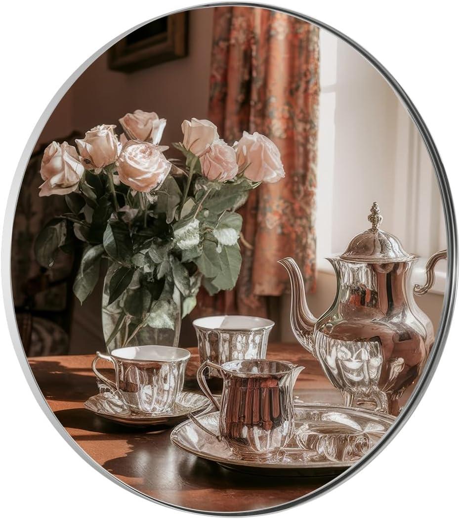 ANDY STAR Round Bathroom Mirror, 24 Polished Chrome Round Bathroom Mirrors in Stainless Steel Metal Frame 1" Deep Set Design 7