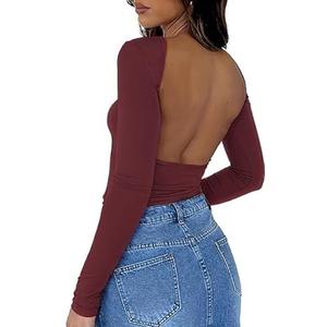 ForeFair Women Sexy Backless Short Sleeve Slim Fit Crewneck Summer Casual Y2K Crop Tee
 M